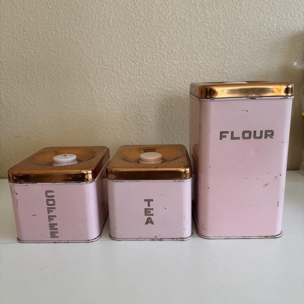 Vintage MCM Lincoln Beautyware Metal Canister Flour Tea Coffee Set Pink